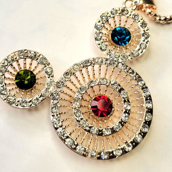 Three Ring Pendant Necklace, Crystal Pendant on a Gold Tone Long Necklace - Picture 9 of 10